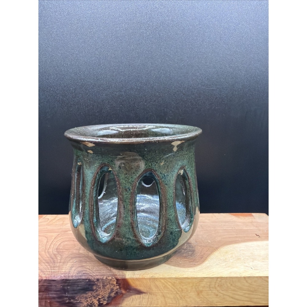 VTG Green Studio Pottery 3" Luminary Votive Candle Holder With Cut Outs Signed